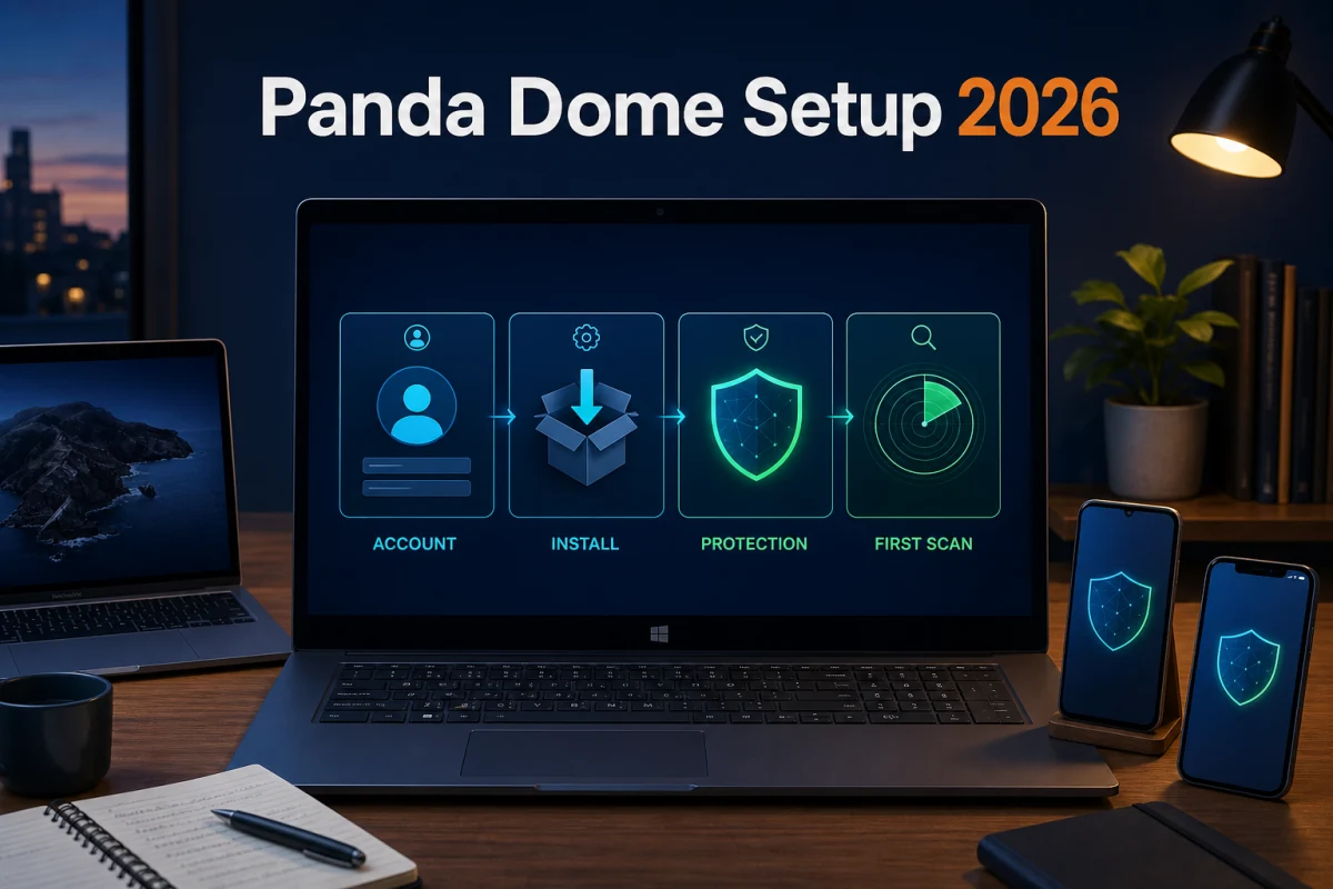 Safe Panda Dome installation workflow across Windows Mac Android and iPhone with account activation and first scan