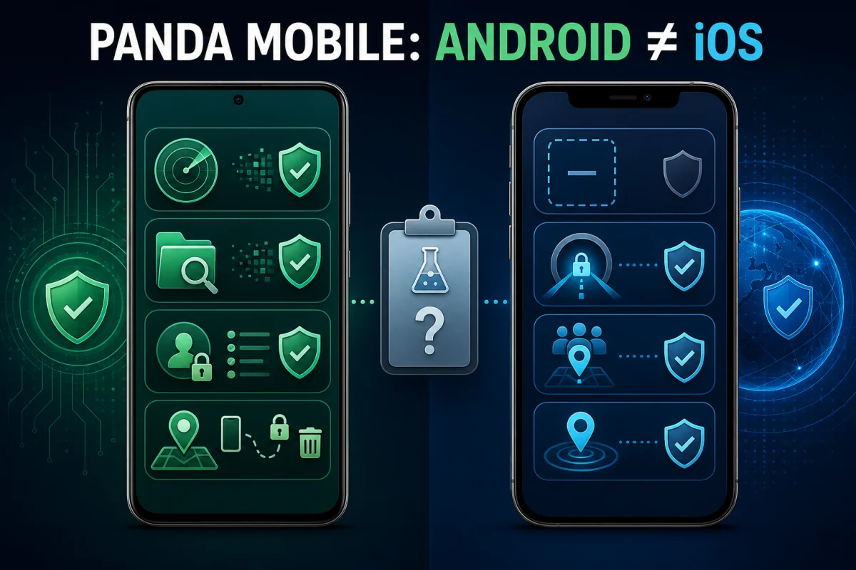 Panda Dome Mobile Android antivirus scanning and anti-theft compared with iOS VPN family location and no full-device scanner