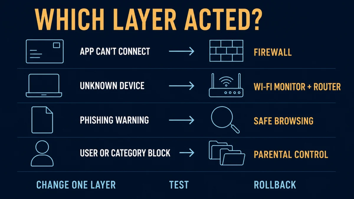Diagnostic map matching Panda firewall Wi-Fi monitor Safe Browsing and parental control to different network symptoms