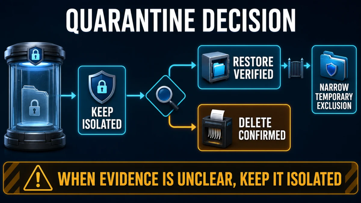Panda Dome quarantine decision tree for keeping isolated, restoring a verified false positive, deleting malware or adding a narrow temporary exclusion