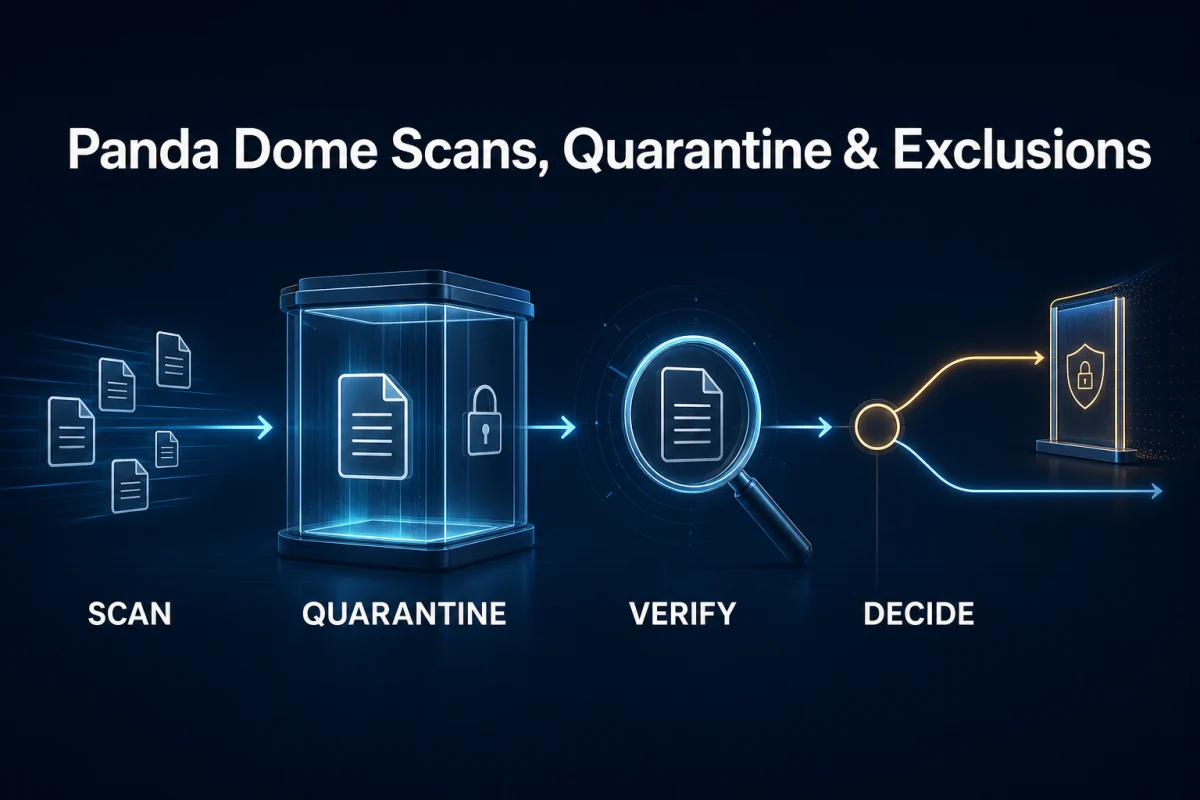 Panda Dome scan, quarantine and exclusion workflow separating detection from restore or delete decisions