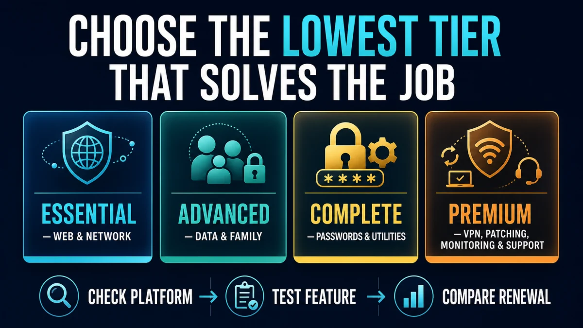 Panda Dome paid tier decision map matching Essential, Advanced, Complete and Premium to distinct security jobs