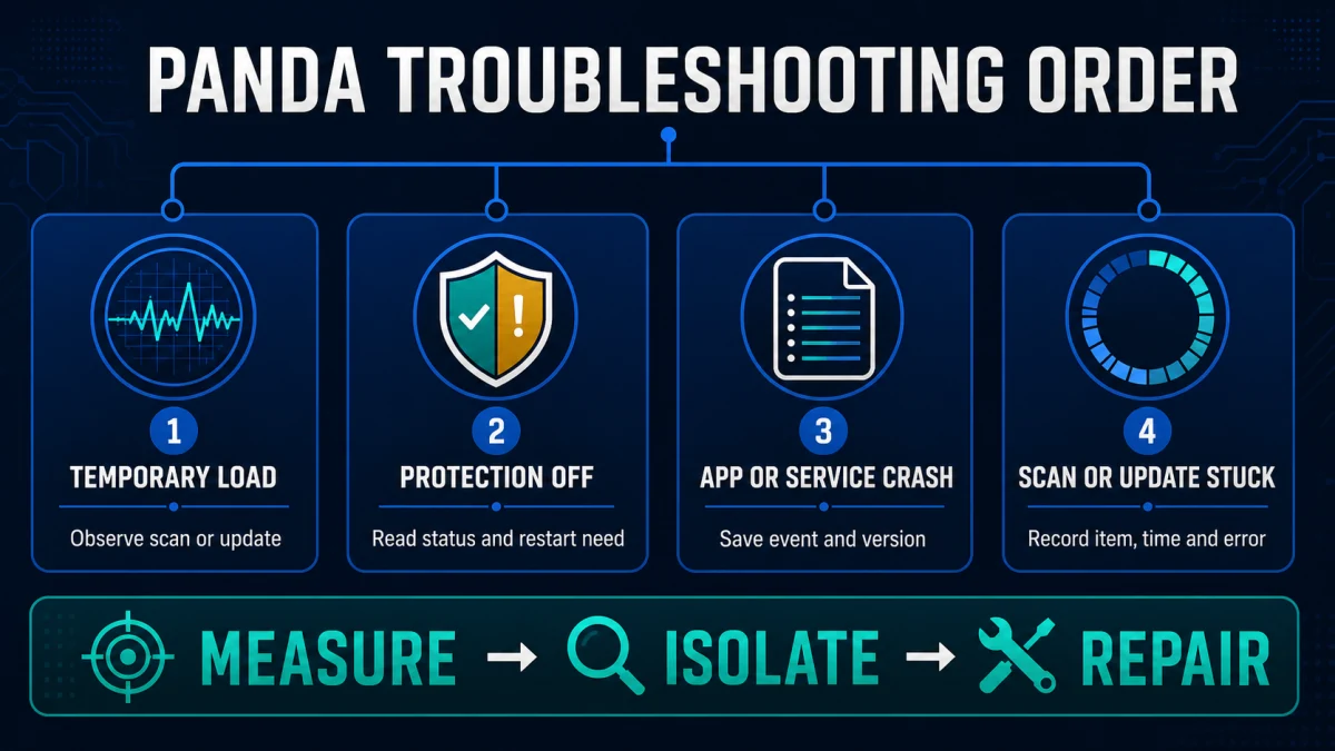 Panda Dome troubleshooting order for temporary load protection off service crash and stuck scan or update