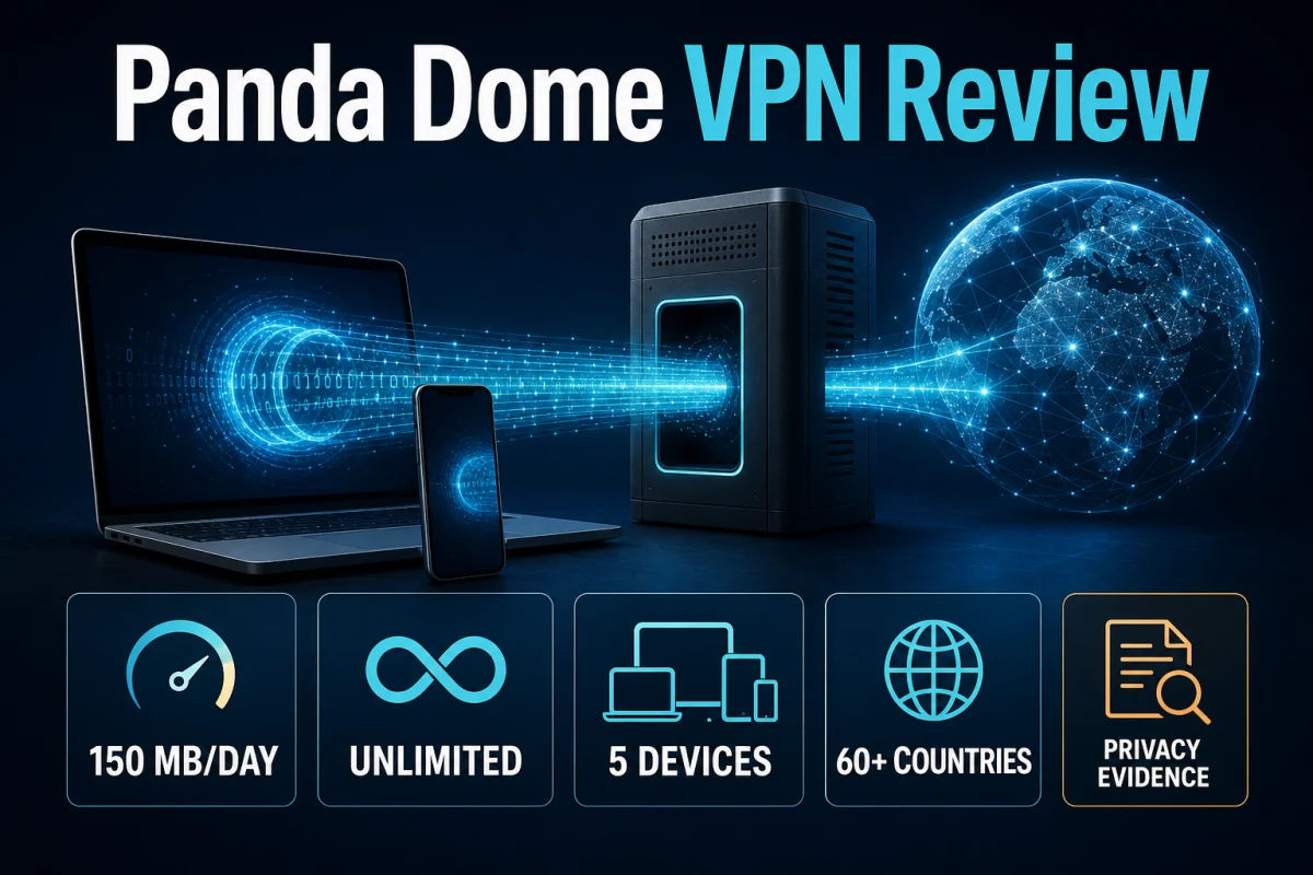 Panda Dome VPN review comparing daily data unlimited use devices countries and privacy evidence