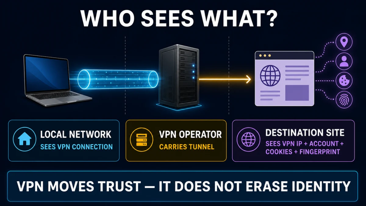 Panda Dome VPN tunnel showing what the local network VPN operator and destination website can still observe