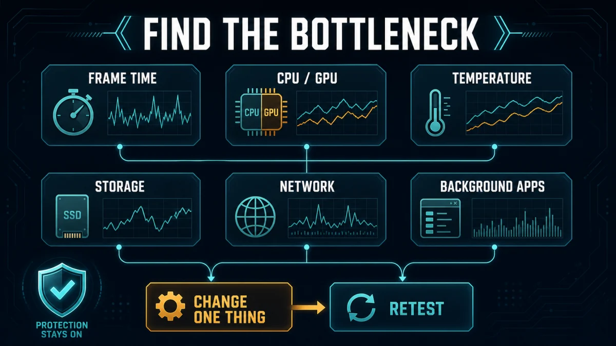 Gaming performance diagnosis map for frame time CPU GPU temperature storage network and background apps