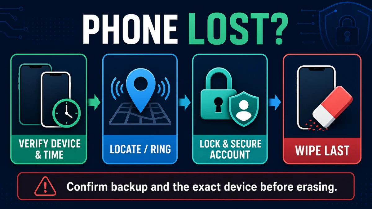 Lost phone safety order to verify device locate or ring secure accounts and use remote wipe only after confirming backup