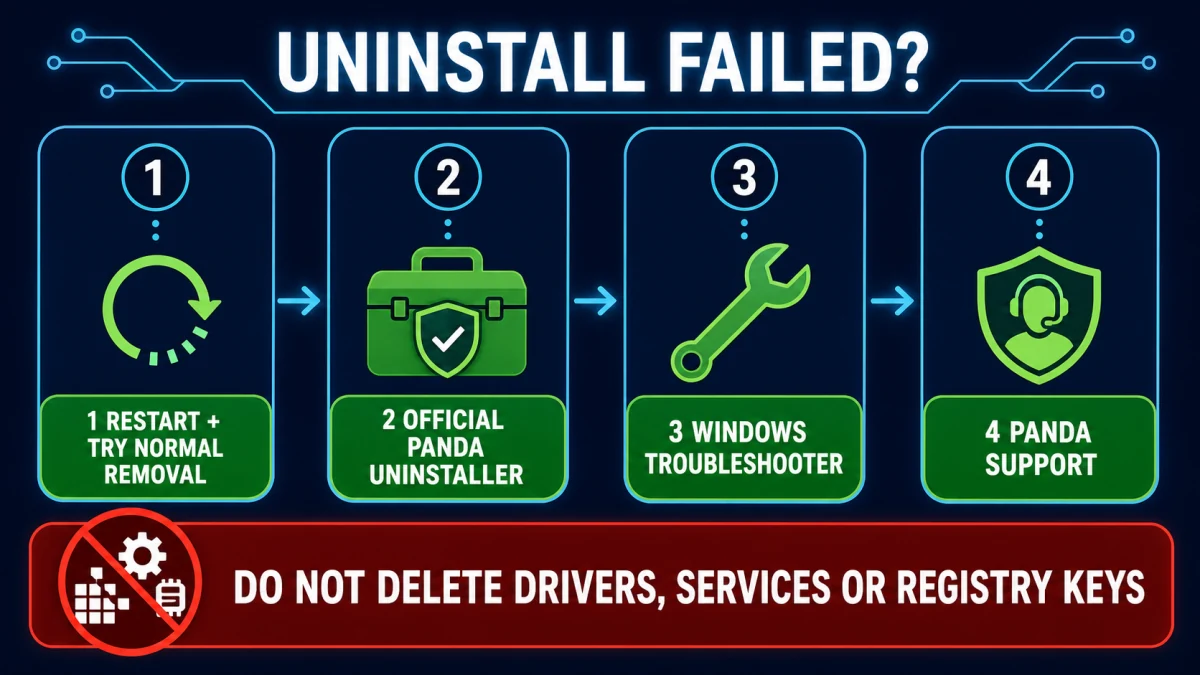 Safe escalation when Panda Dome uninstall fails without deleting drivers services or registry keys