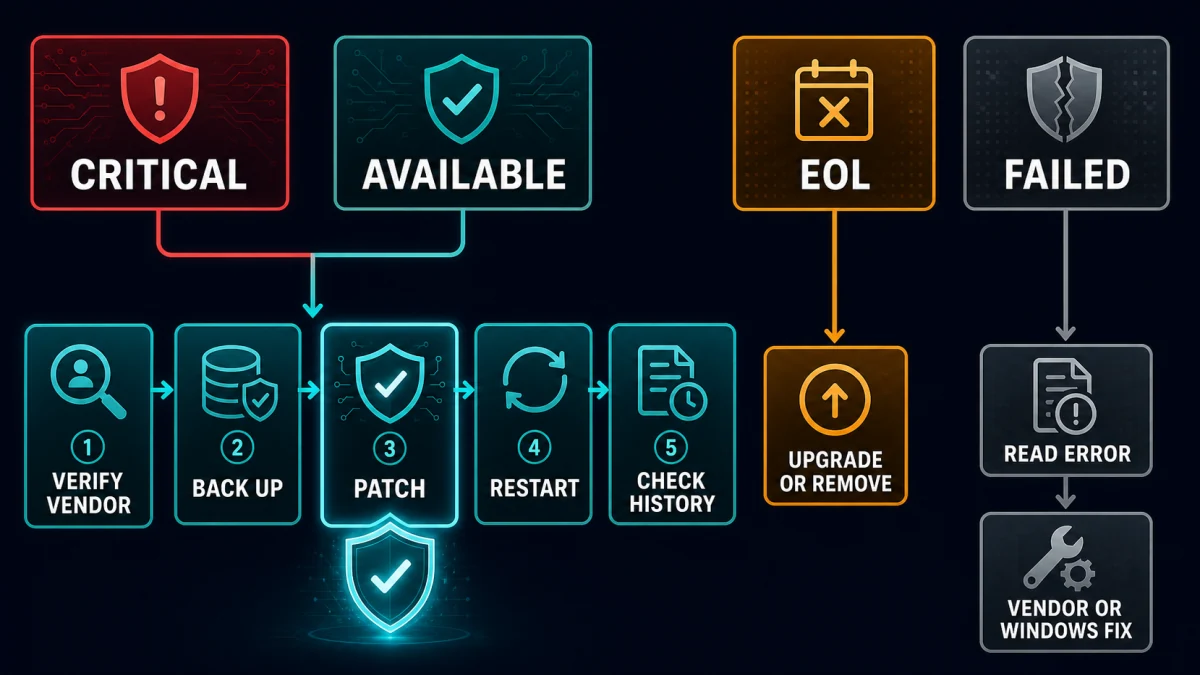 Panda update queue decision map for critical available end-of-life and failed patch states