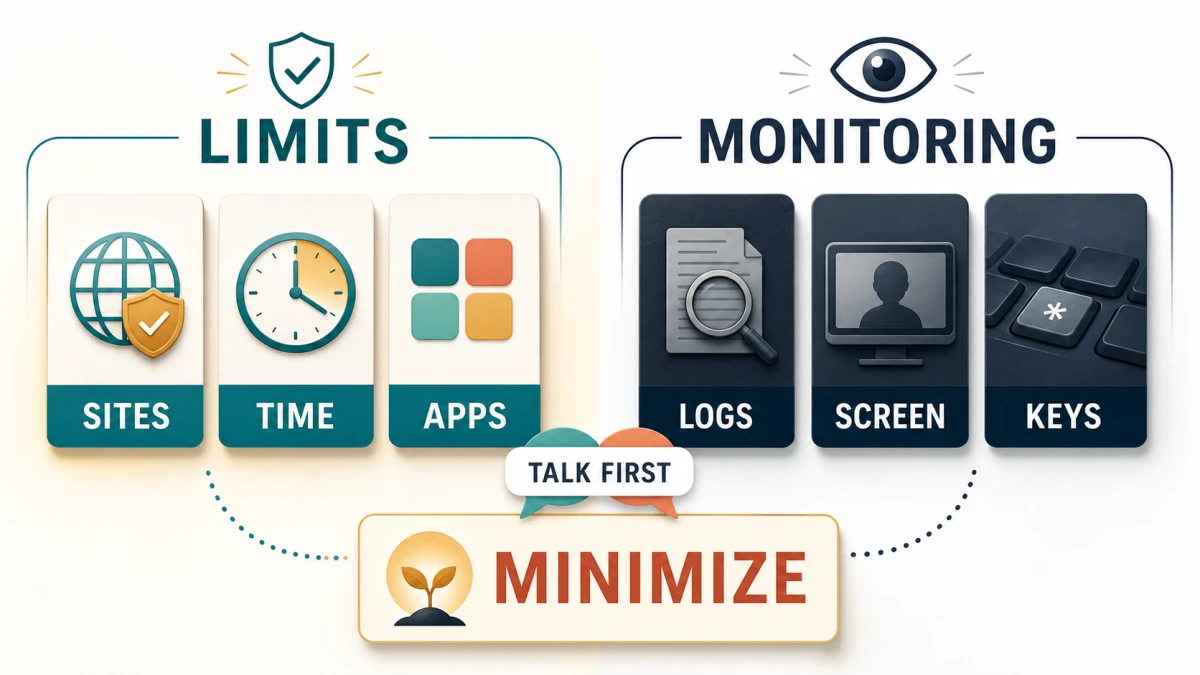 Parental limits for sites, time and apps contrasted with sensitive logs, screen and keystroke monitoring