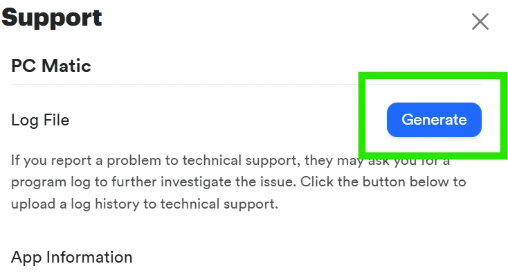 Official PC Matic 6 Support panel with Generate log button