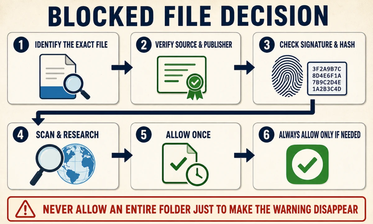 Six-step PC Matic blocked-file decision from exact file identification to one-time and persistent permission