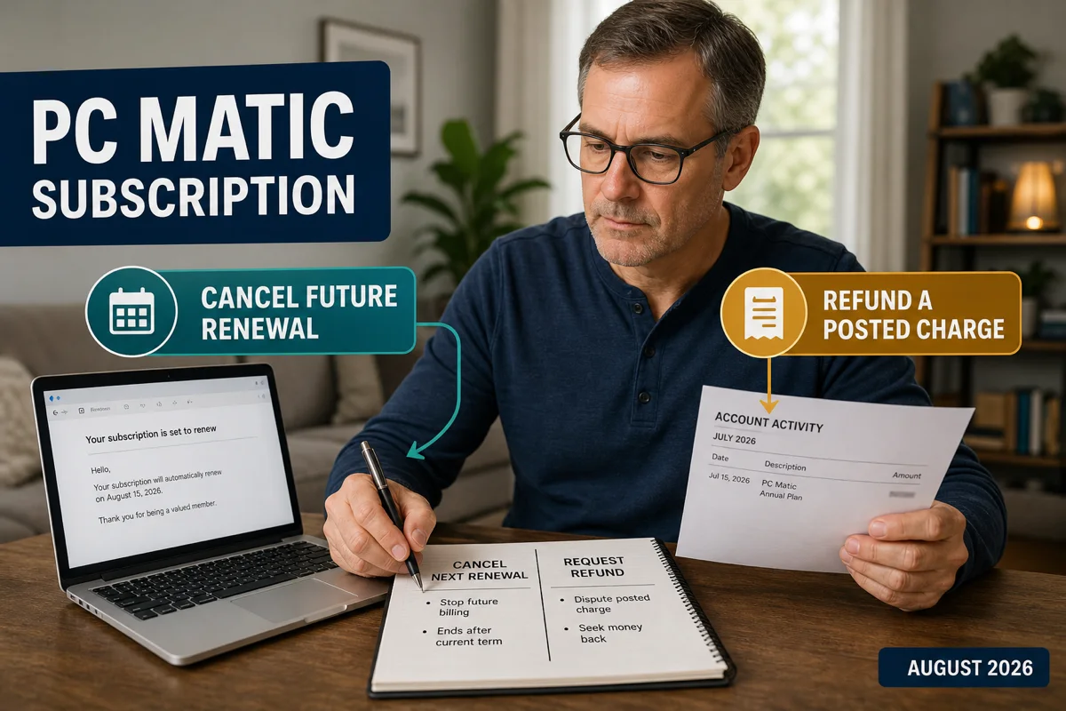PC Matic subscriber comparing future renewal cancellation with a posted-charge refund