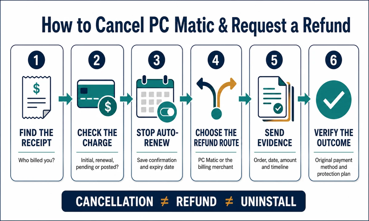 PC Matic cancellation and refund path from receipt and charge check to verified outcome
