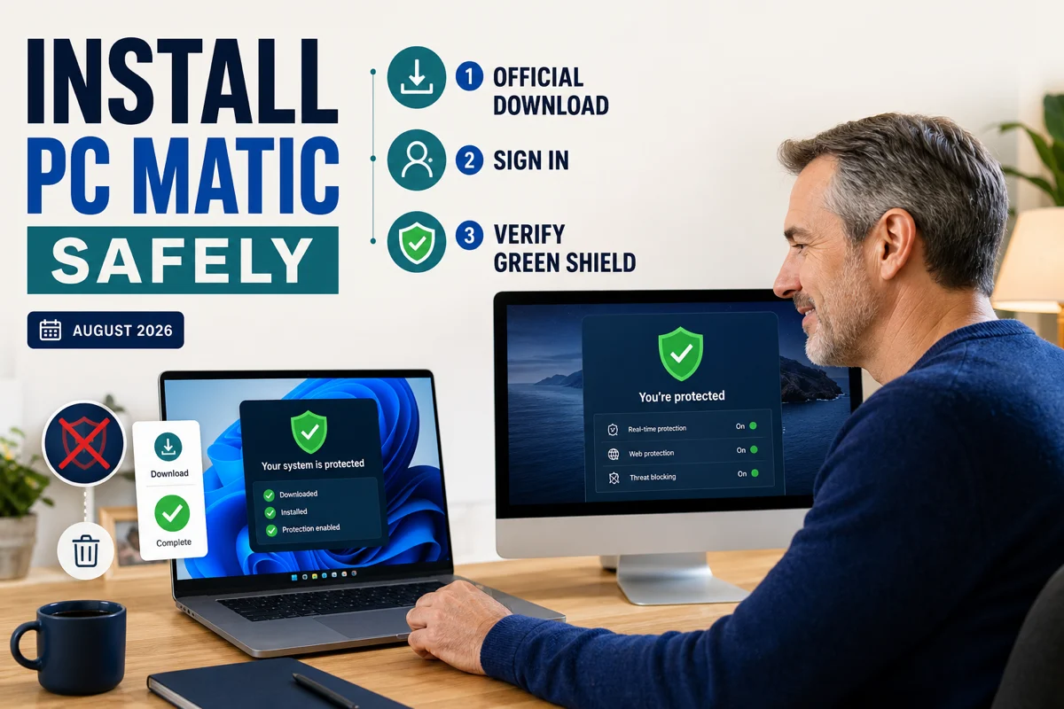 Safe PC Matic installation on Windows and Mac with green shield verification