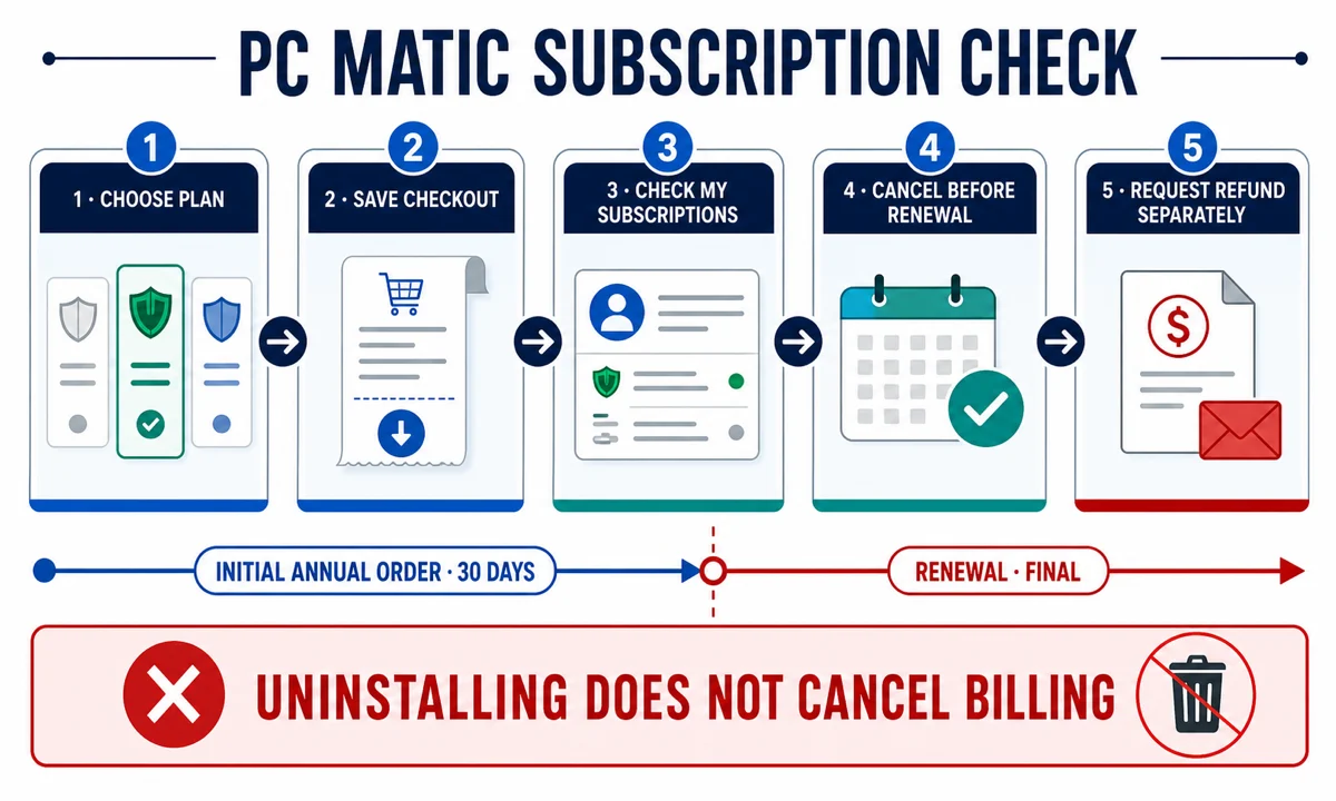 Five-step PC Matic subscription and refund checklist