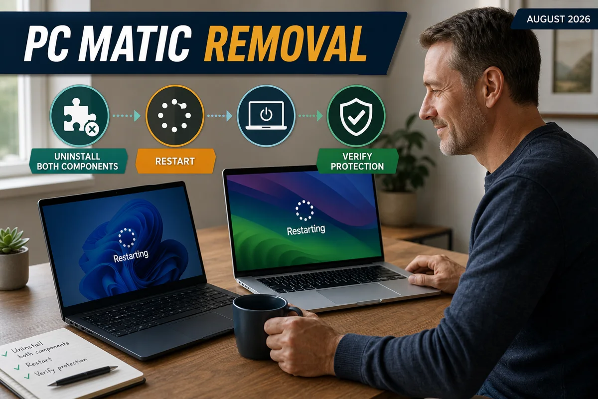 PC Matic removal from Windows and Mac followed by restart and active protection verification