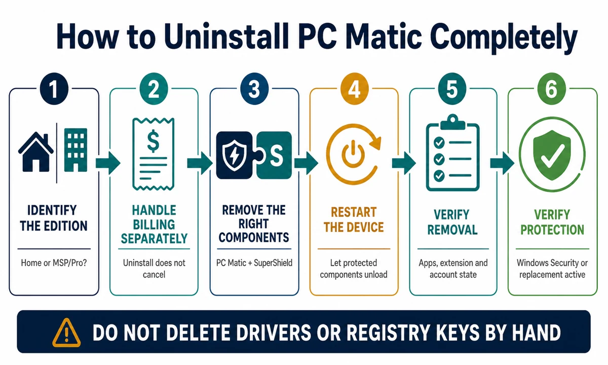 Six-step PC Matic uninstall checklist from edition identification to verified antivirus protection