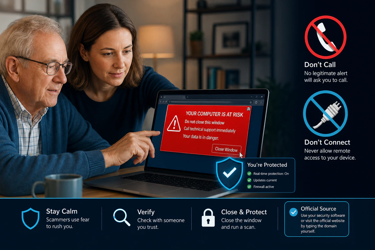 Family closing a fake VIPRE virus pop-up without calling its number or granting remote access