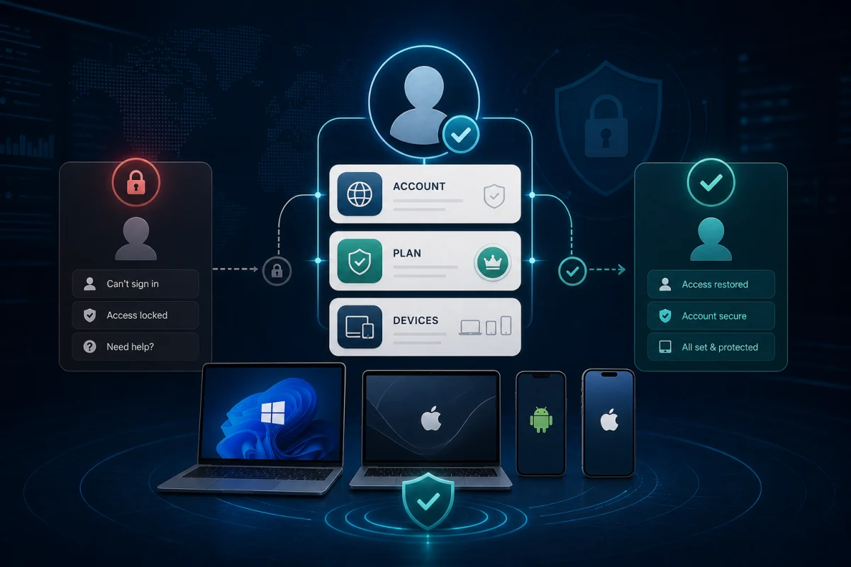 Scanguard account recovery path connecting a verified subscription to protected computers and phones