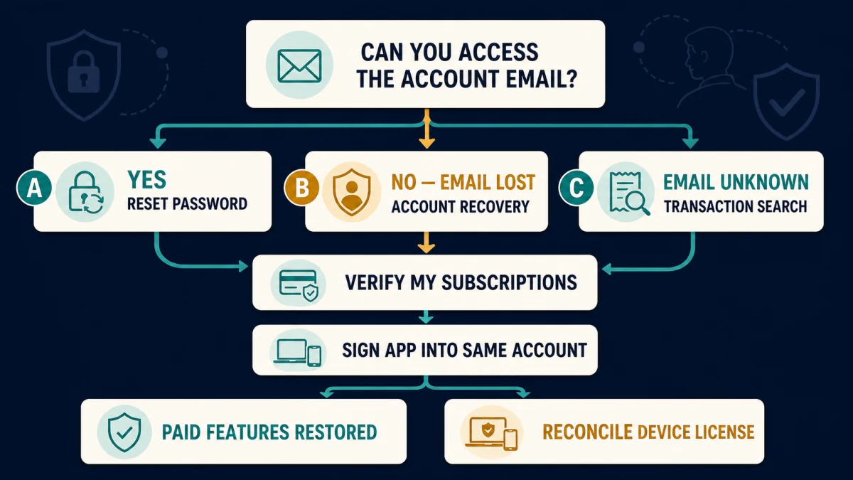 Decision map for Scanguard password reset, lost-email recovery, transaction search and device license reconciliation