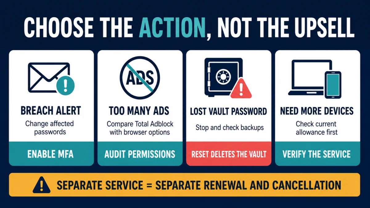 Scanguard add-on action map for breach alerts, Total Adblock, a lost vault password and extra-device subscriptions