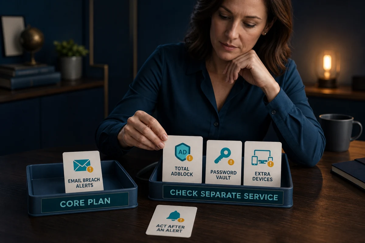 Scanguard account review separating included email breach alerts from Total Adblock, Password Vault and extra-device services