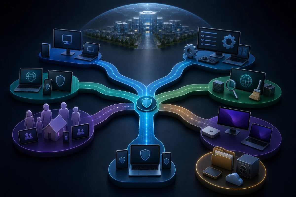 Seven antivirus replacement routes branching from one protected-device starting point