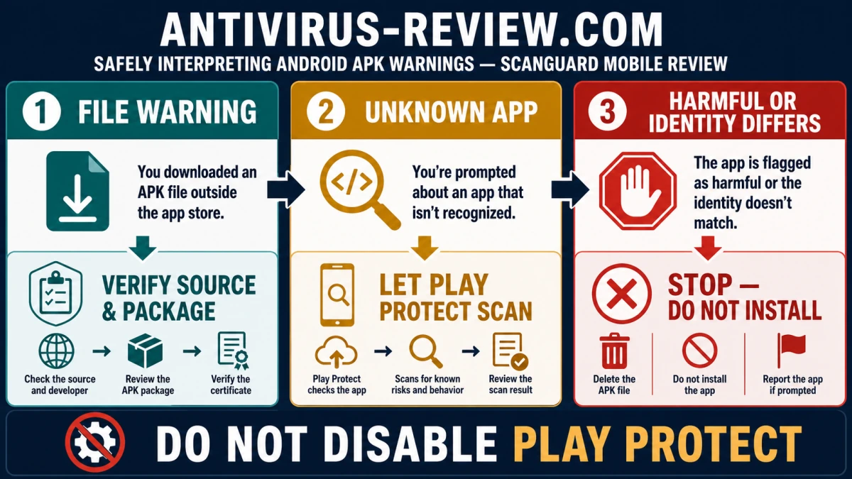 Android APK warning map separating file, unknown-app scan and harmful-app stop decisions