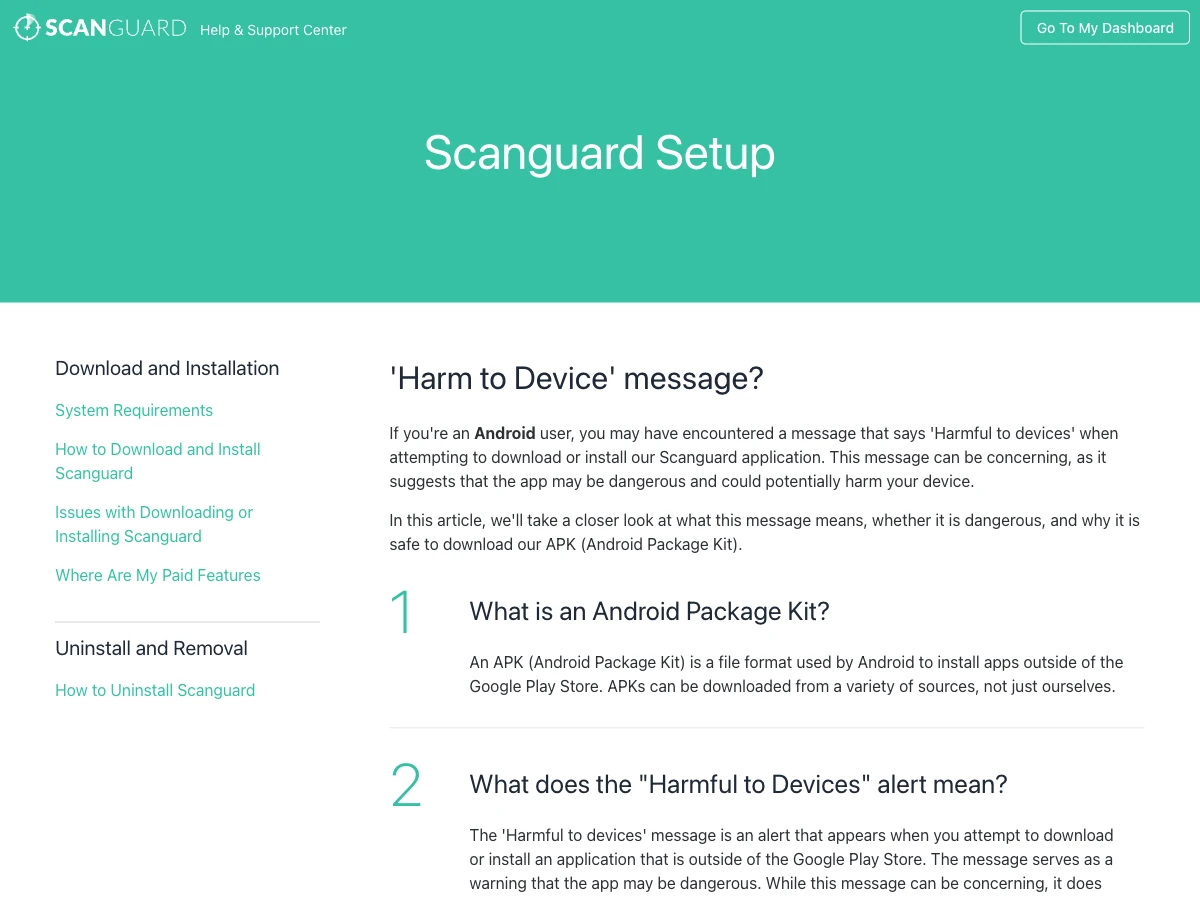 Scanguard help page explaining its Android APK and harmful-to-device warning