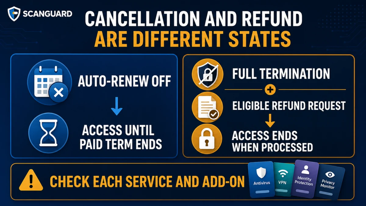Scanguard auto-renew cancellation compared with full termination and an eligible refund request