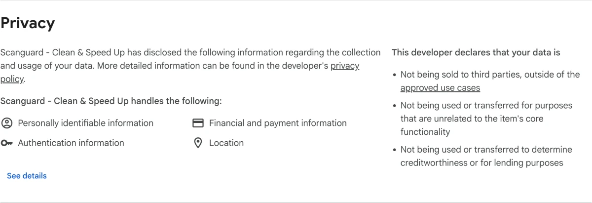 Chrome Web Store privacy panel listing data categories handled by Scanguard Clean and Speed Up