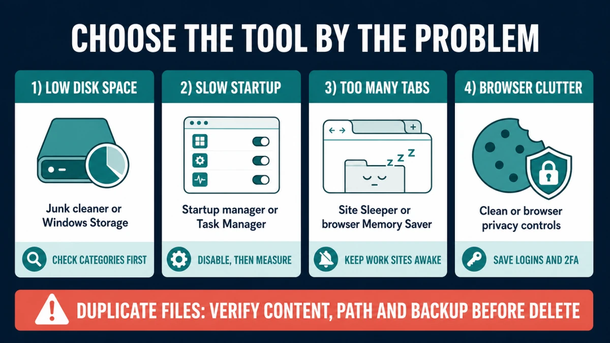 Decision map matching disk space, startup, tabs and browser clutter to Scanguard or built-in tools