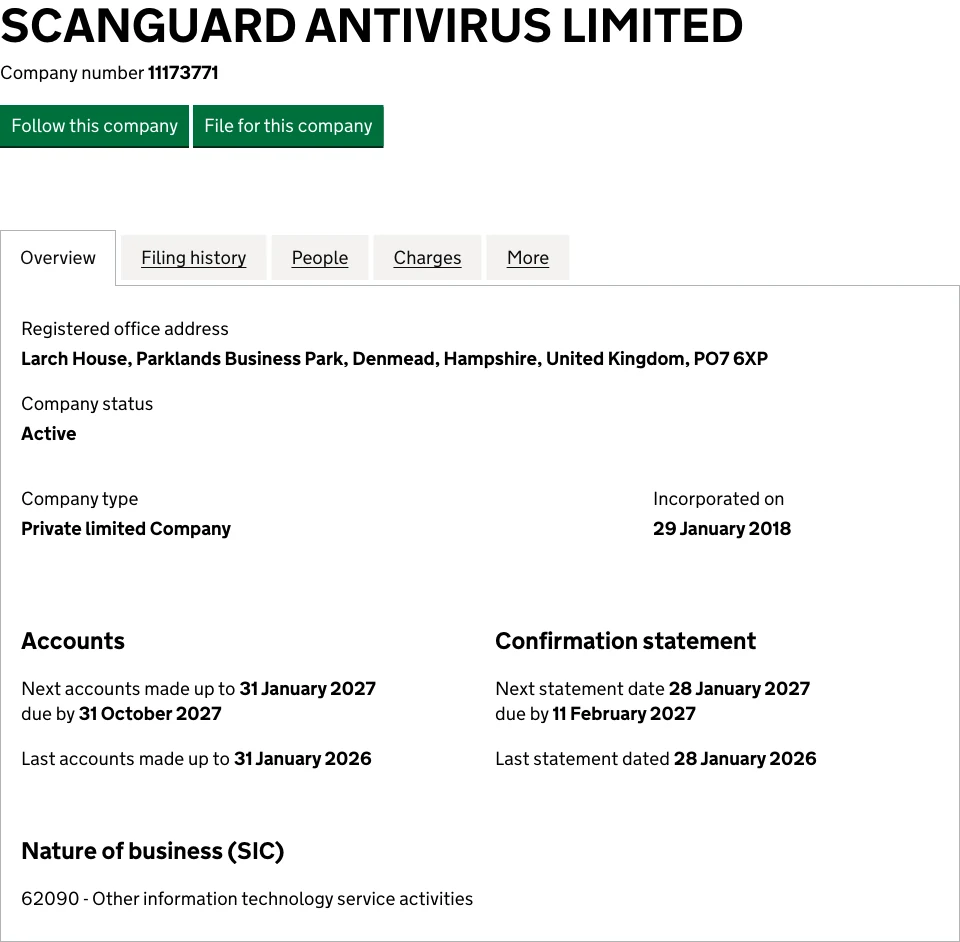 Companies House record for active SCANGUARD ANTIVIRUS LIMITED company 11173771