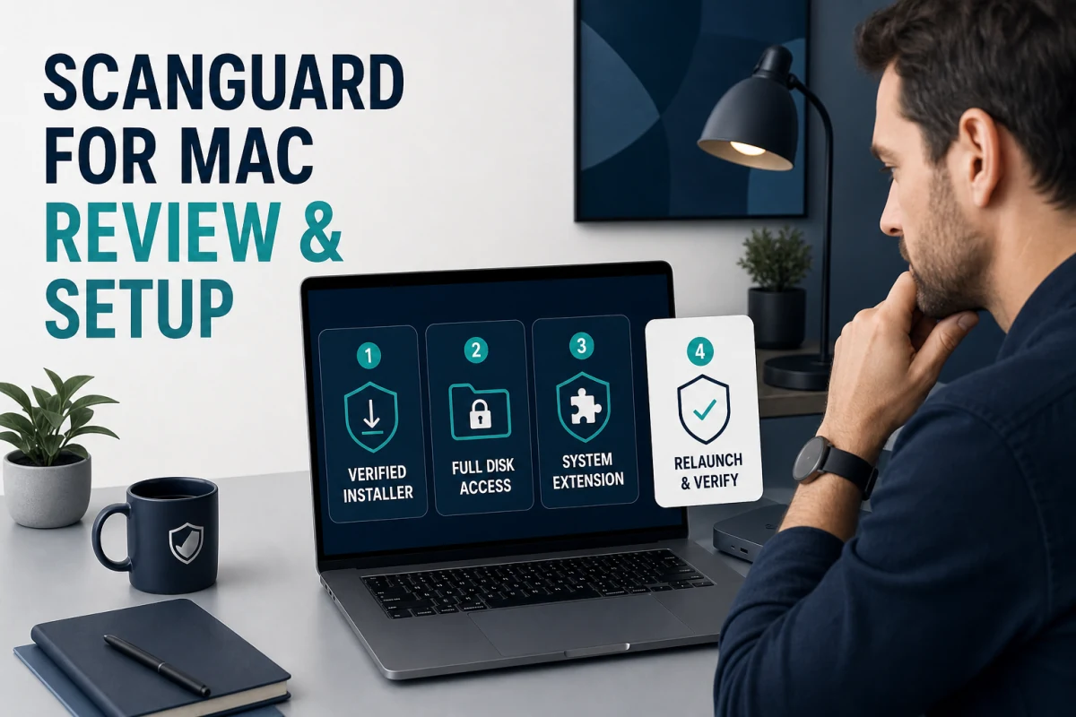 Mac owner reviewing Scanguard installer, Full Disk Access, system extension and protection verification gates