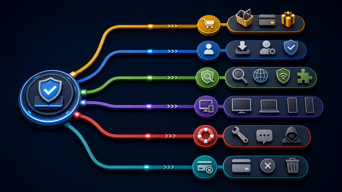 Six Scanguard task lanes for choosing setup protection platforms troubleshooting and billing removal