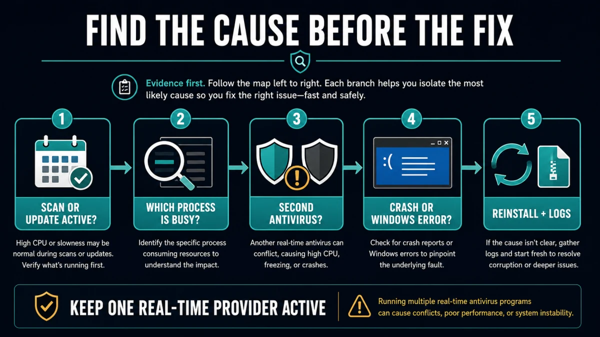 Scanguard troubleshooting decision map for scans, process load, antivirus conflicts, crashes and logs