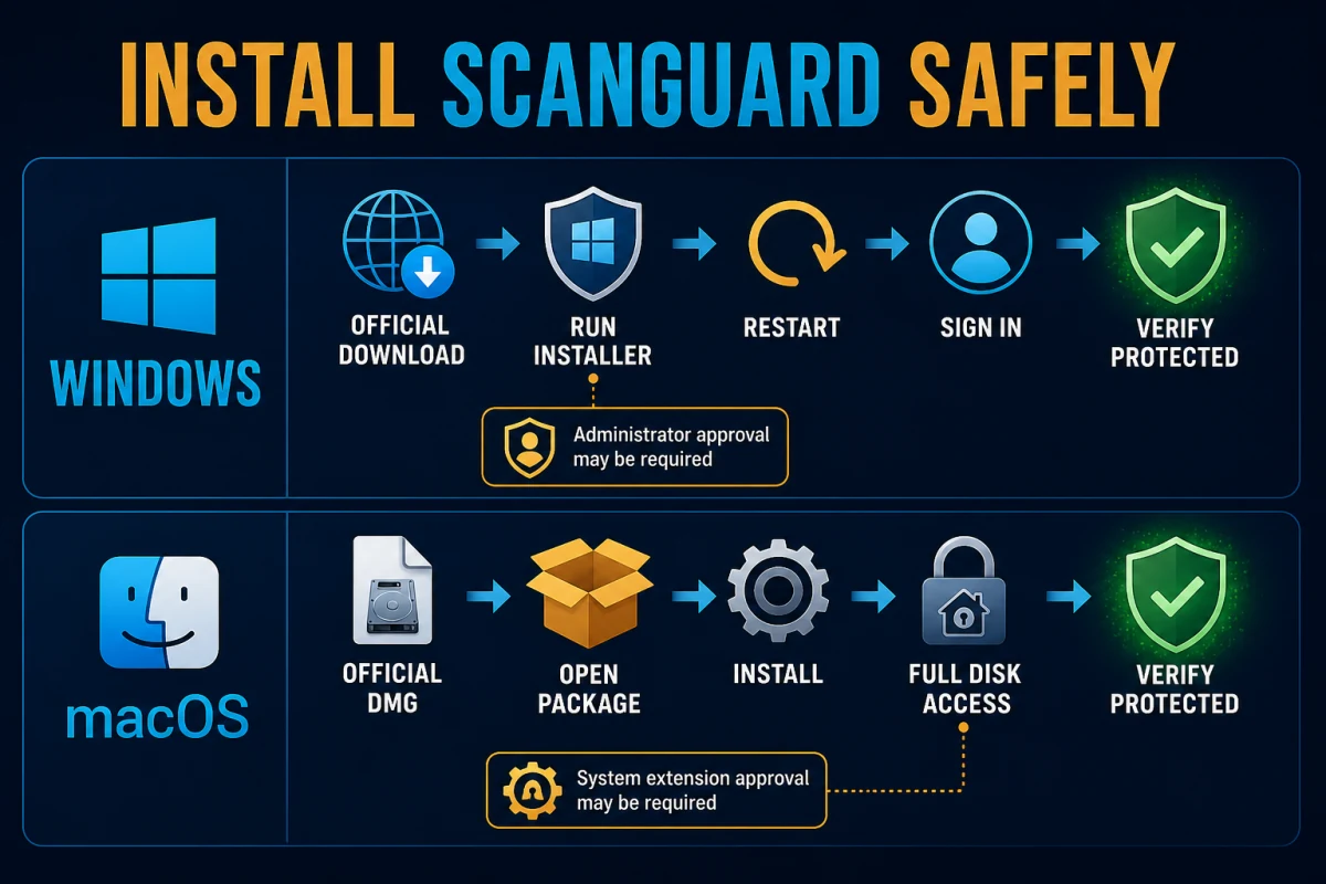 Safe Scanguard installation paths for Windows and macOS with protection verification