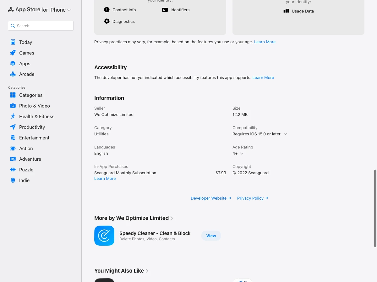 Scanguard iPhone App Store information showing iOS 15 requirement and monthly US price