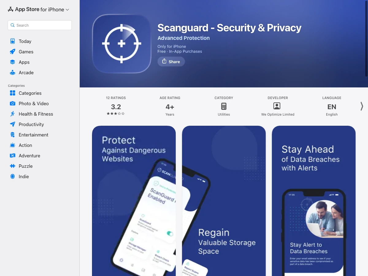 Current Scanguard iPhone App Store listing with developer, rating and web and breach features
