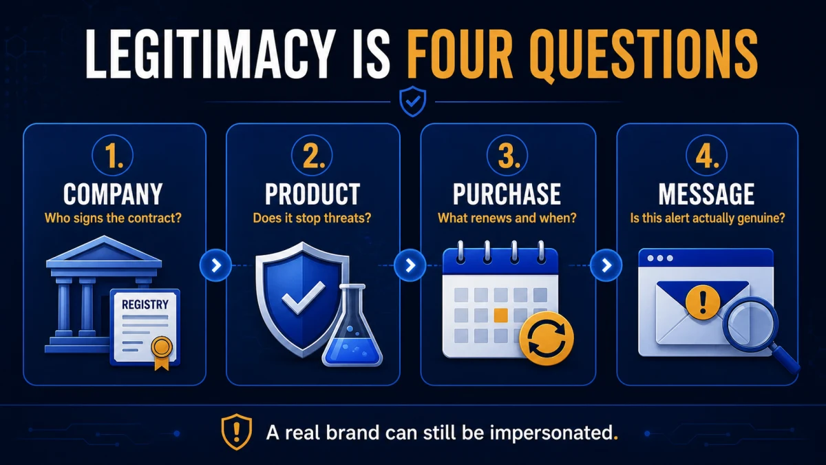 Four-part Scanguard legitimacy check for company, product, purchase terms and messages