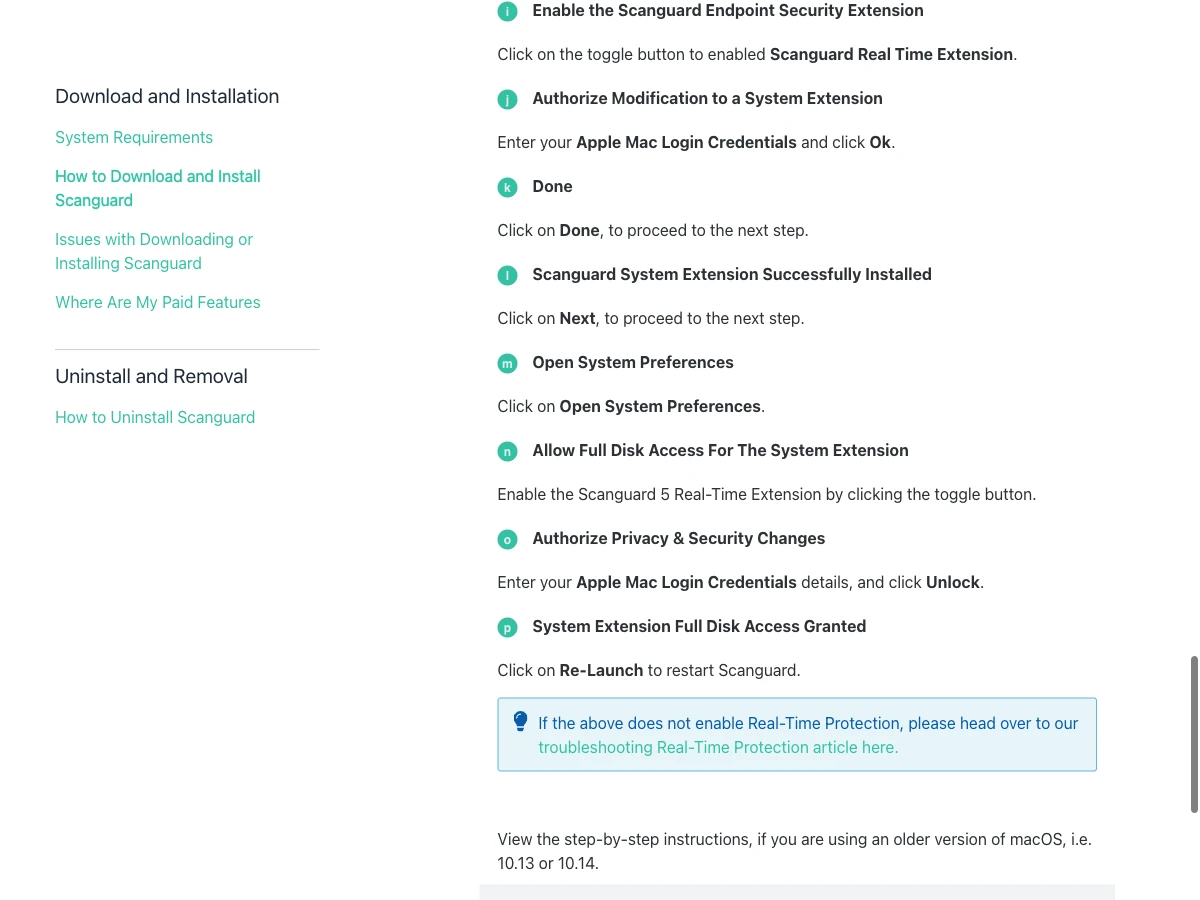 Scanguard official Mac setup instructions for endpoint extension, Full Disk Access and relaunch verification