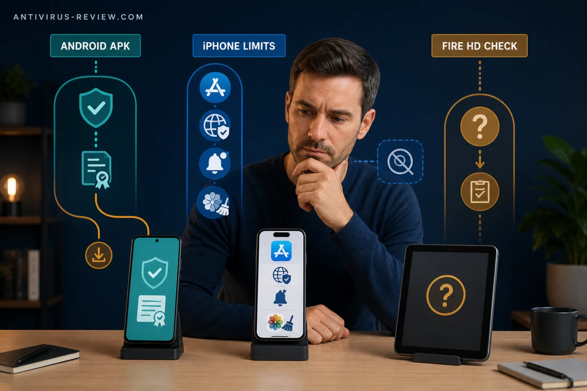 Phone owner comparing Scanguard Android APK, iPhone security limits and unverified Fire HD compatibility