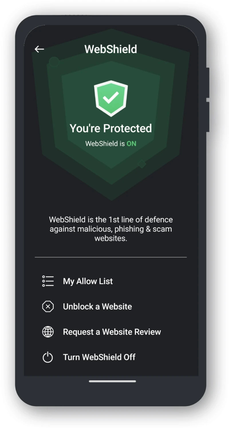 Scanguard-hosted Android WebShield screen showing the TotalAV label and allow-list controls