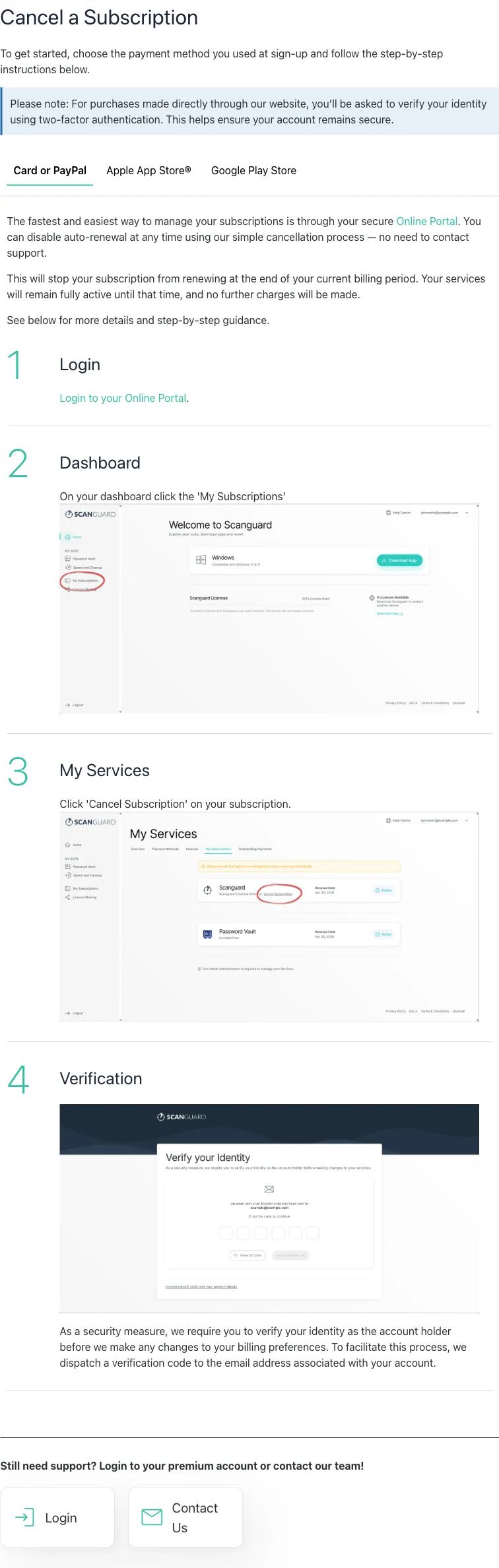 Official Scanguard cancellation page with direct, Apple and Google routes and portal verification steps