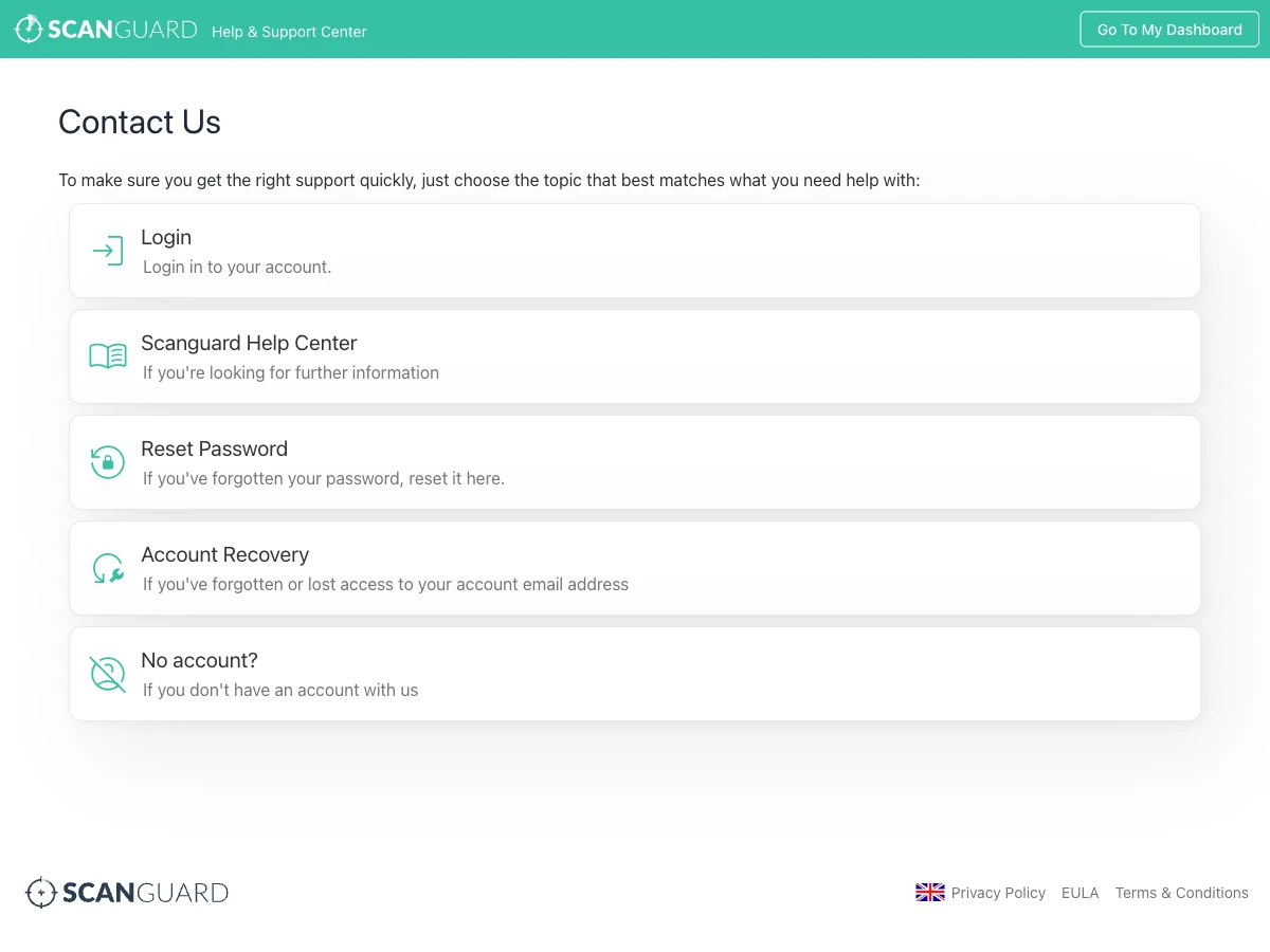 Current Scanguard Help Center contact page with login, password reset and account recovery routes
