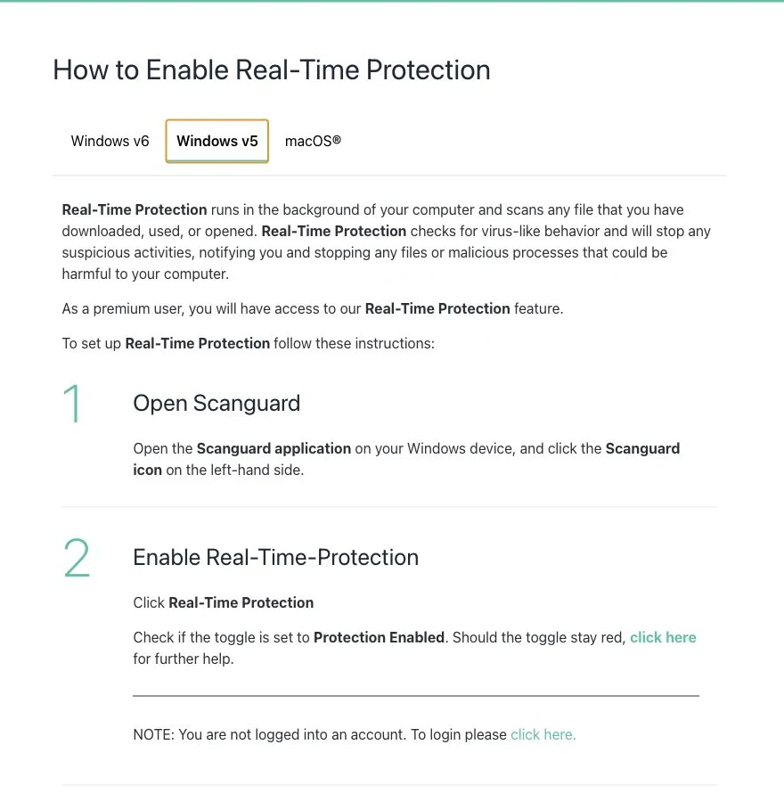 Official Scanguard Windows v5 Real-Time Protection page showing Protection Enabled and the red-toggle troubleshooting link