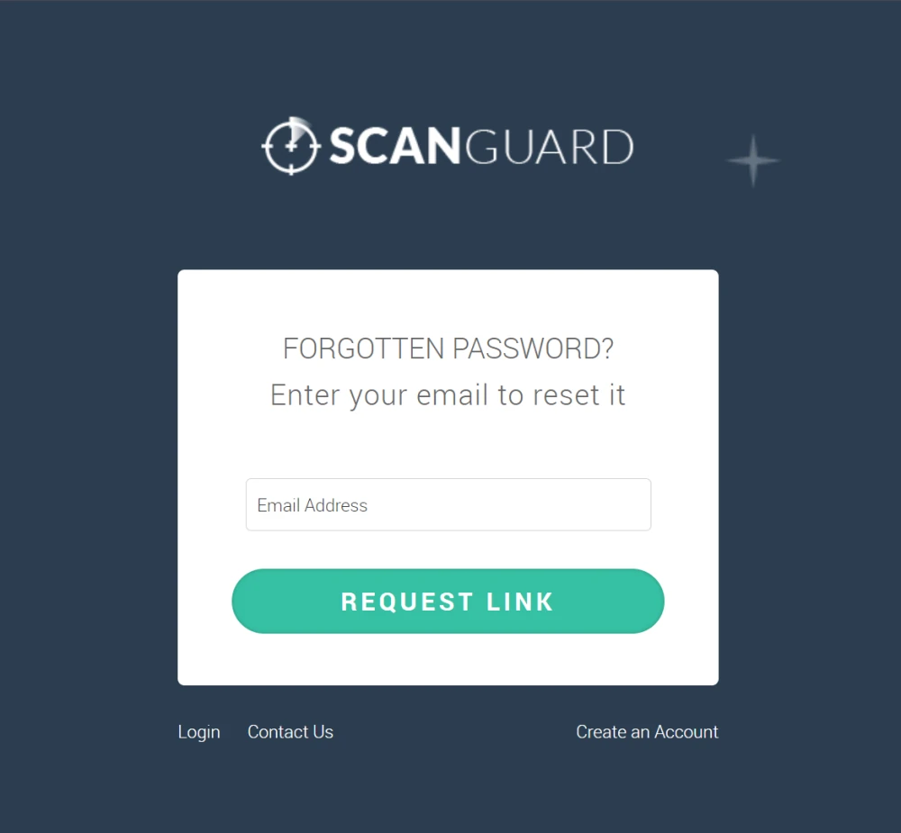Official Scanguard forgotten-password form with email field and Request Link button