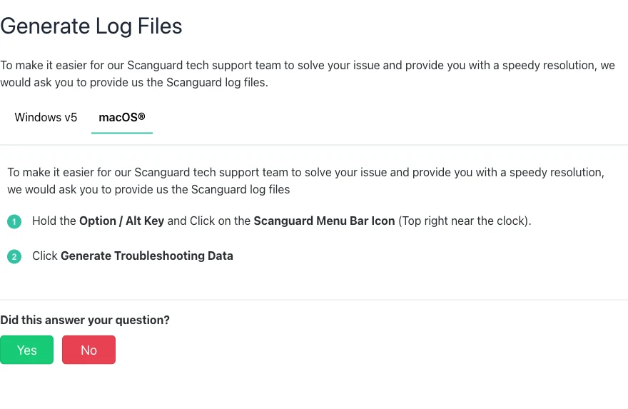Official Scanguard macOS instructions for generating troubleshooting log data from the menu bar