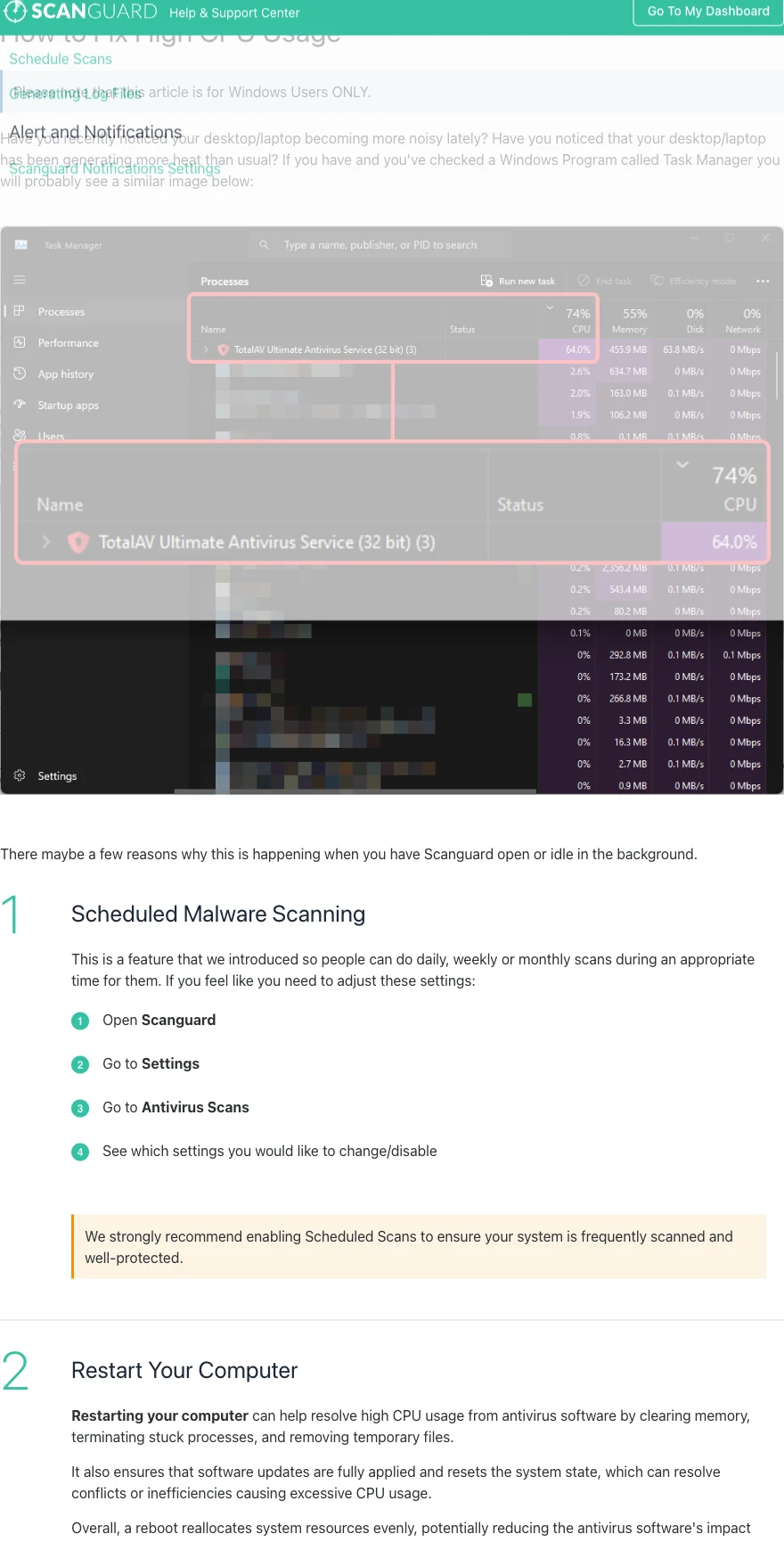 Official Scanguard high CPU support guidance beginning with scheduled scans, restart and reinstall